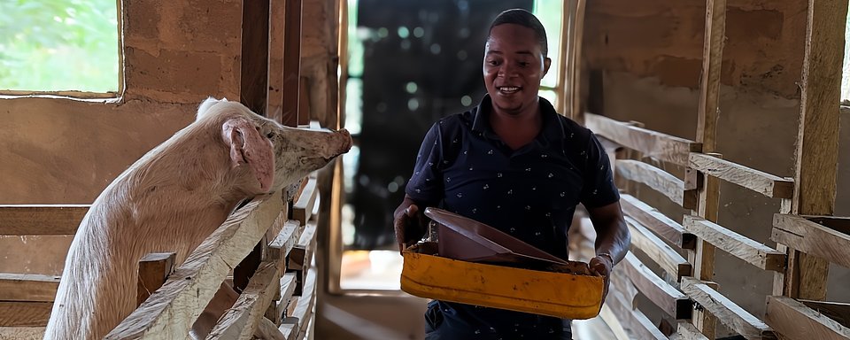 Dominic kümmert sich um seine Schweine auf seinem neuen Bauernhof, den er nach seiner Rückkehr aus Deutschland in den Bundesstaat Edo in Nigeria gegründet hat.